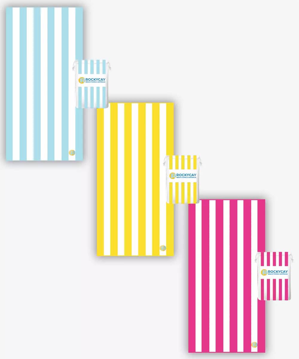 Beach Towel Set of 3: Sky Blue, Yellow, Fuchsia